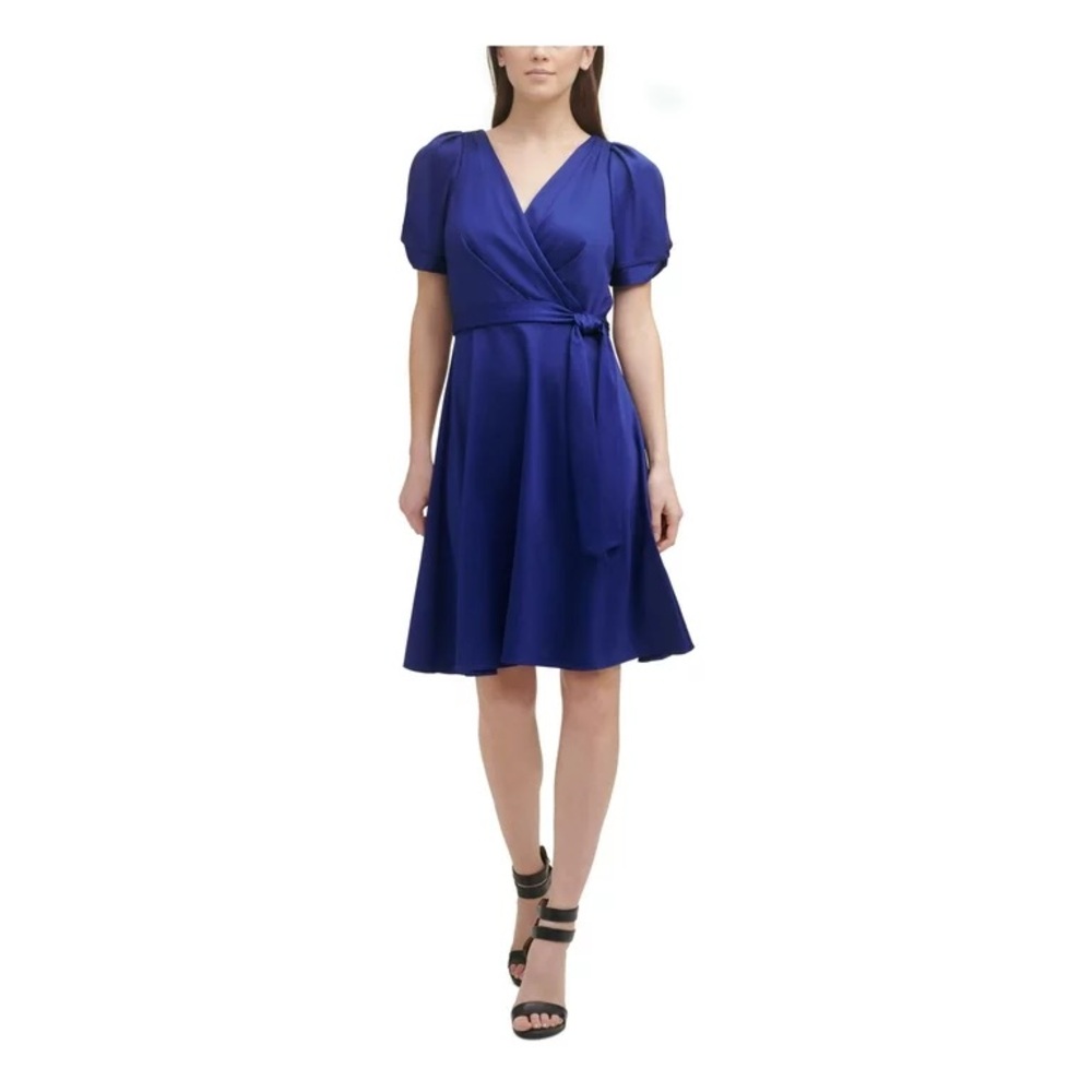 Teal/Blue DKNY Puff-sleeved Satin-y Wrap Dress